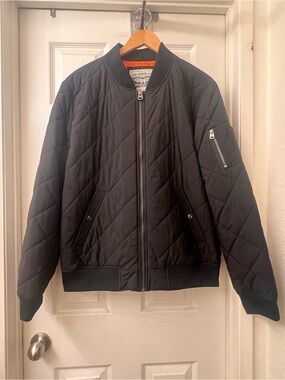 Levis Quilted Bomber Jacket Men's Size Large Black Orange Stretch Diamond